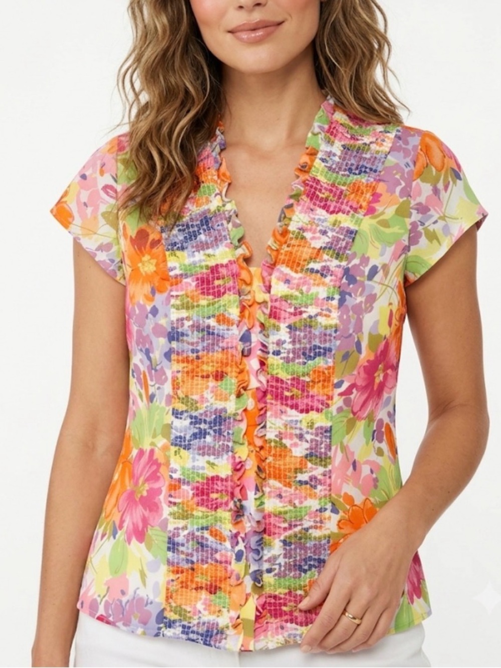 Coldwater Creek‎ Floral Cap Sleeve Ruffle Smocked Top Size M
